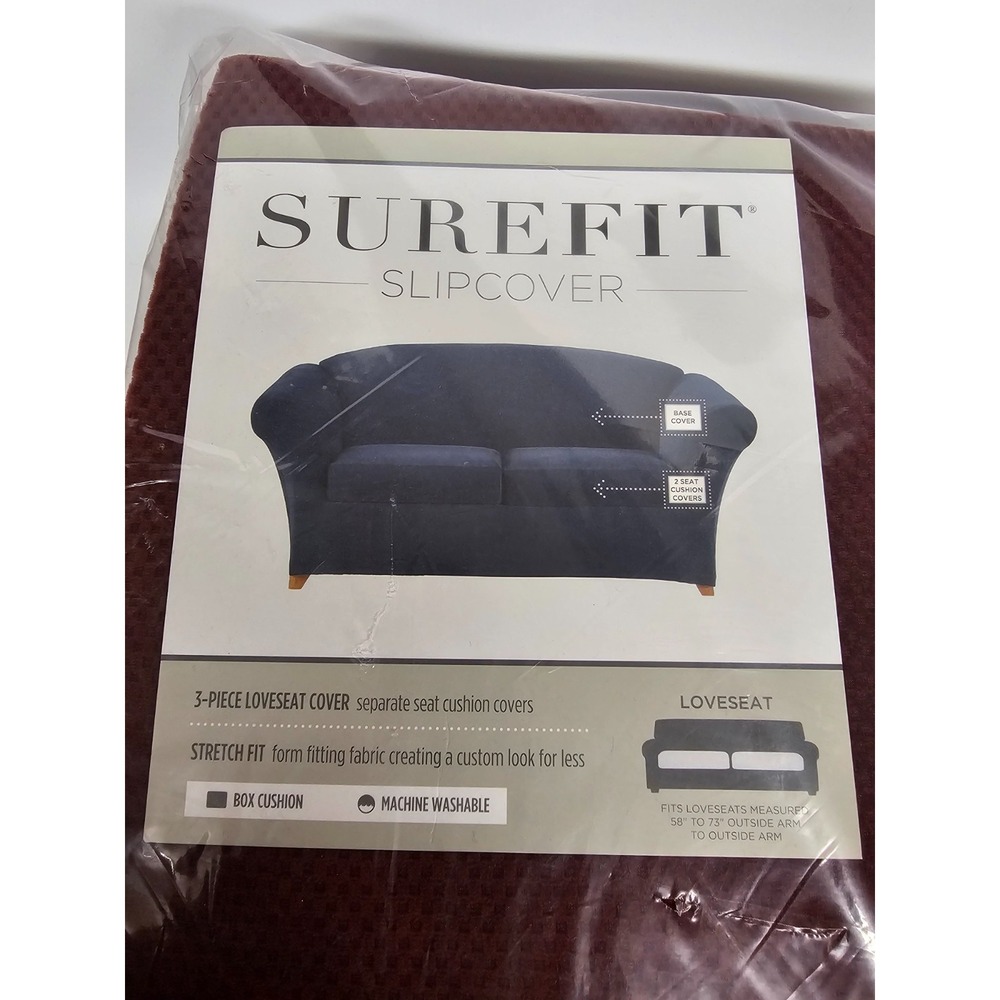 New Surefit crushed pique garnet red loveseat slip box cushion 3 piece cover